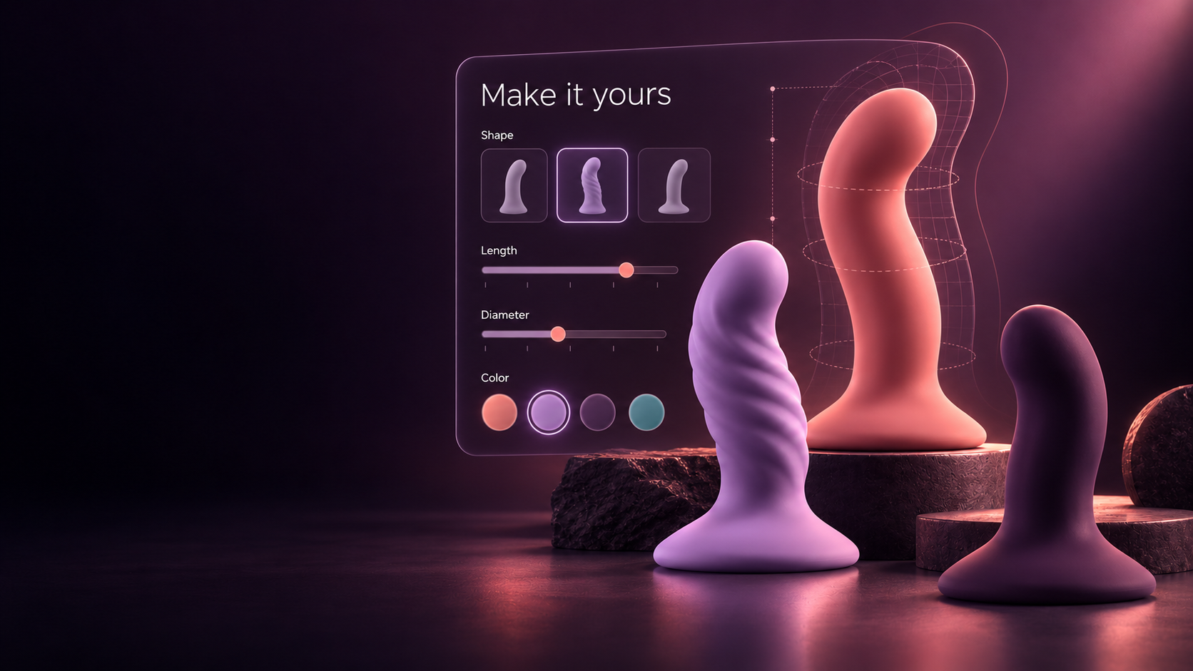 Coral, lavender and plum silicone product concepts beside an illustrated design panel